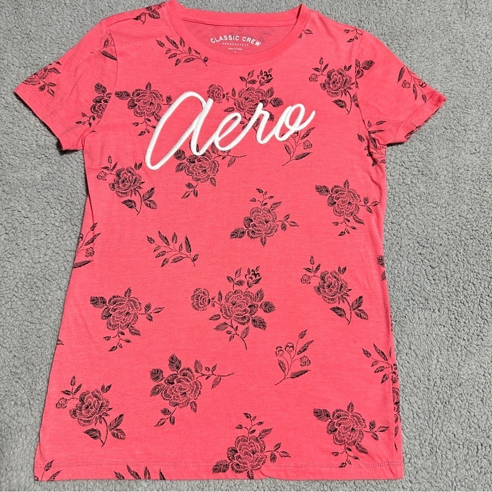 👉 Aeropostale Pink Floral Aero Graphic Tee Shirt Size L Classic Crew Cotton Poly